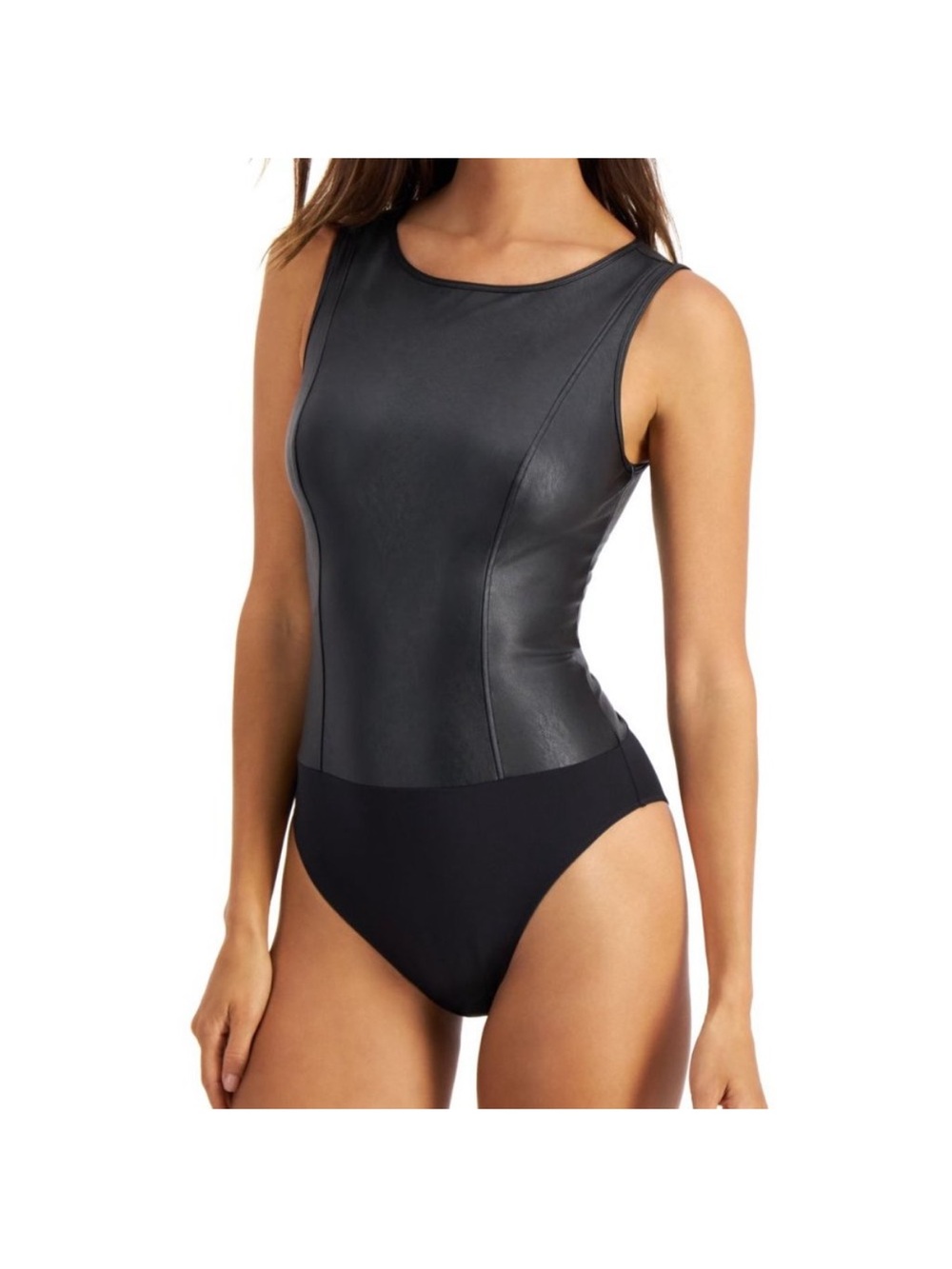 INC International Concepts Black Faux-Leather Bodysuit